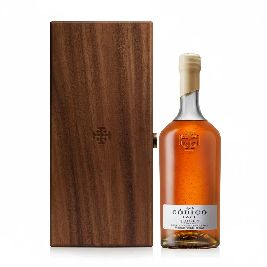 Bottle of Código 1530 Origen aged tequila with wooden presentation box