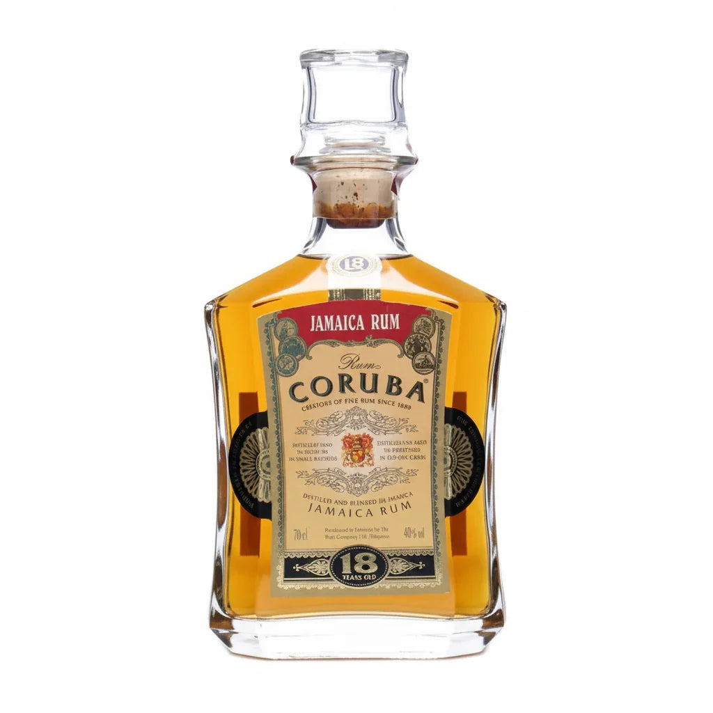 Coruba 18 year old Jamaica rum in a clear square glass bottle with gold label