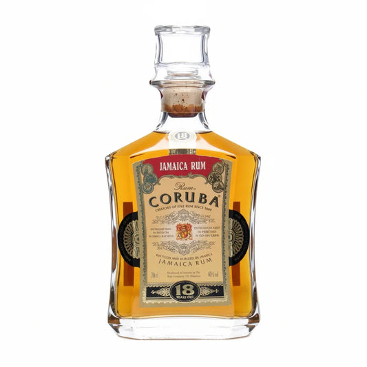 Coruba 18 year old Jamaica rum in a clear square glass bottle with gold label
