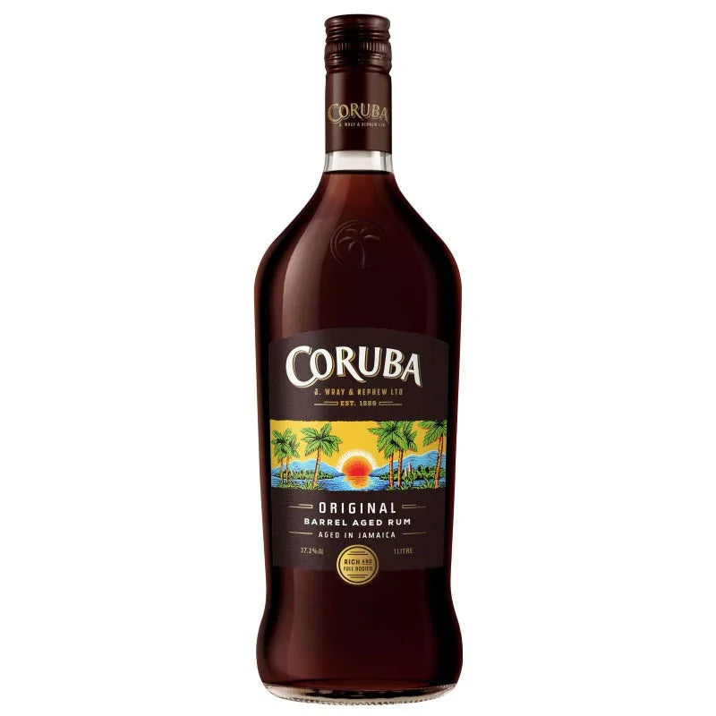 Coruba Original barrel aged dark rum 1L bottle with tropical label
