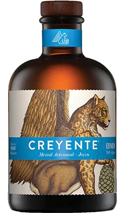Creyente Espadin Mezcal bottle with jaguar and agave illustration on brown glass