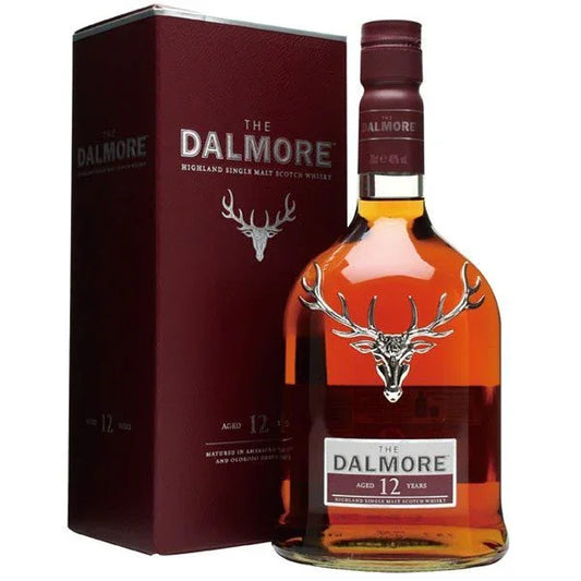 Dalmore 12 Year Old Highland single malt Scotch whisky bottle and box, stag logo, amber liquid