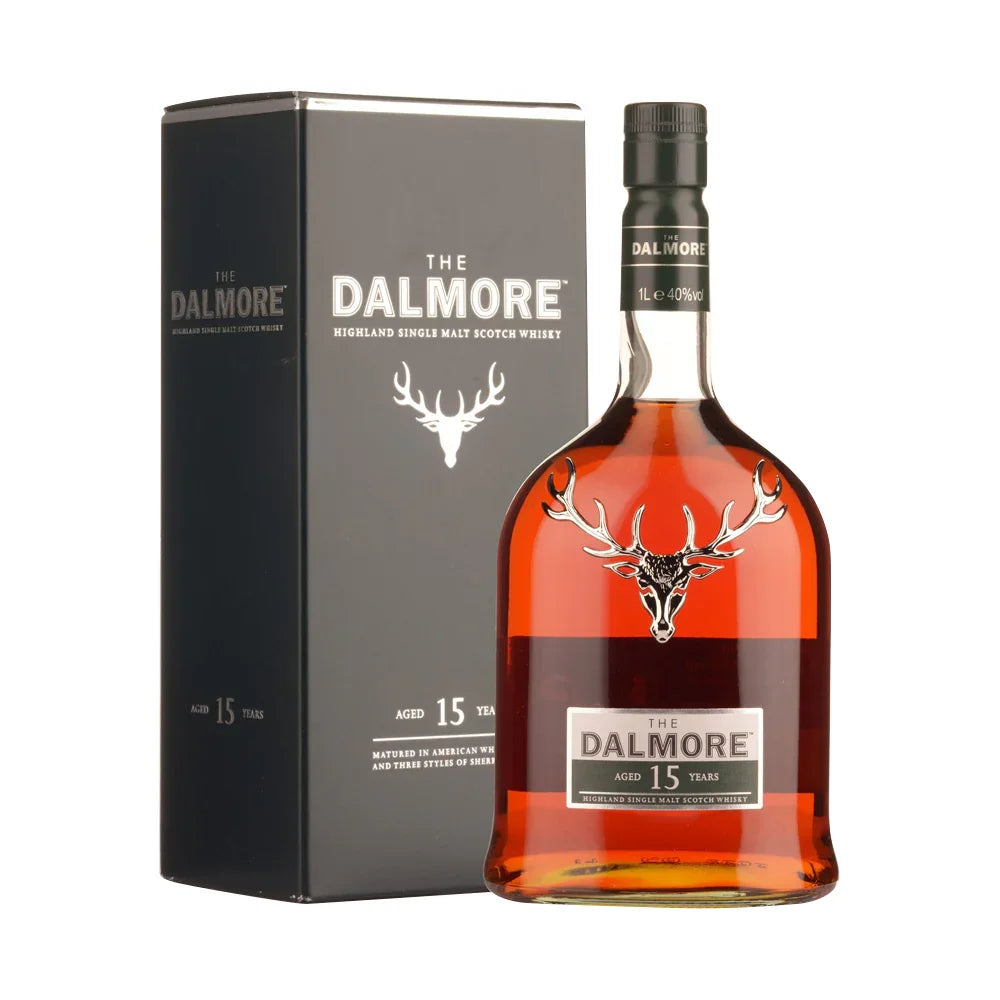 Dalmore 15 Year Highland single malt scotch whisky bottle with box, stag logo, amber liquid
