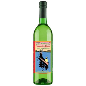 Green bottle of Del Maguey Crema de Mezcal spirit with colorful label and artistic design