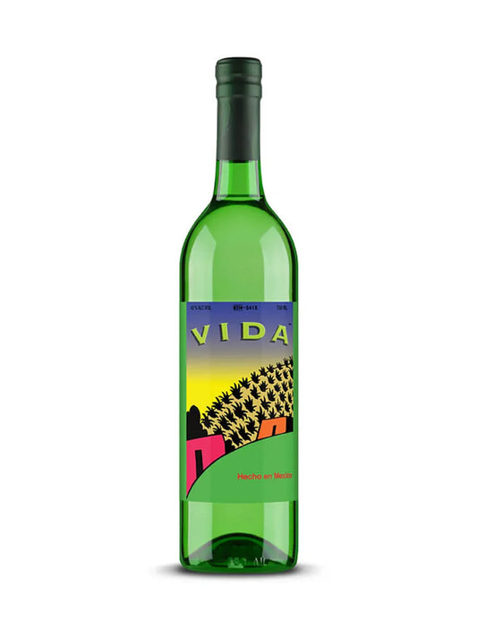 Green bottle of VIDA mezcal with colorful Mexican landscape label, 750ml spirit