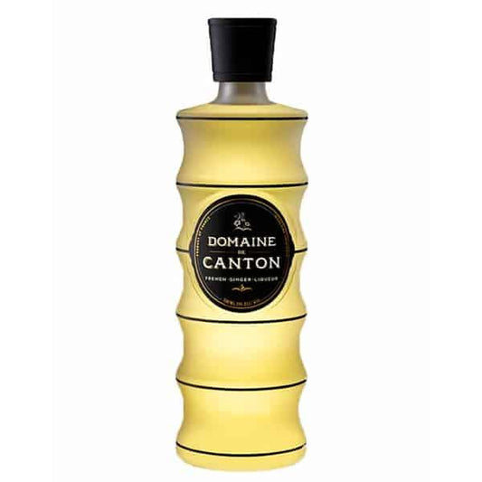 Domaine de Canton ginger liqueur bottle with bamboo-inspired yellow design on white background