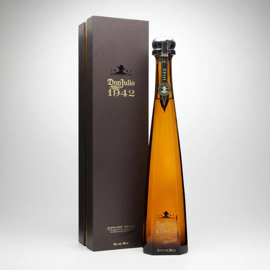 Don Julio 1942 tequila bottle with branded gift box, premium spirits product photography