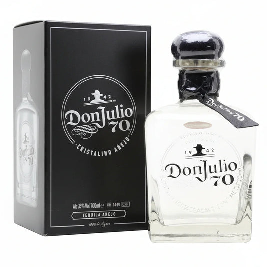 Don Julio 70 Añejo Cristalino tequila bottle with branded box, 700ml agave spirit