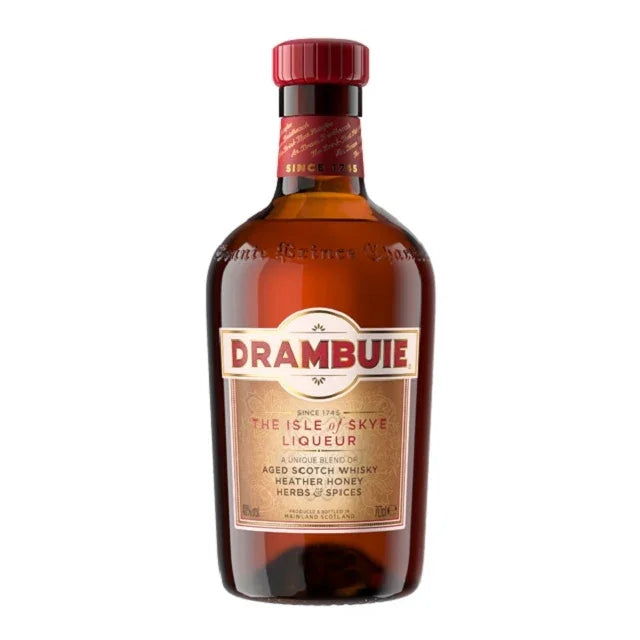 Drambuie liqueur bottle with gold label, featuring Isle of Skye, heather honey, and spices.