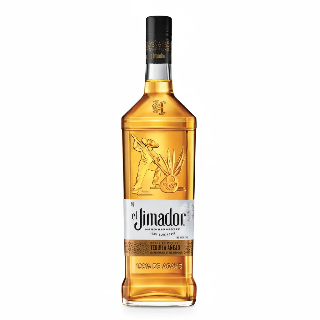 Anejo tequila bottle with embossed agave harvester, clear label, and amber liquid