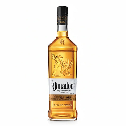 Anejo tequila bottle with embossed agave harvester, clear label, and amber liquid