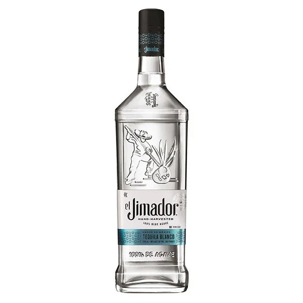 Clear glass bottle of tequila blanco with blue and silver label, featuring agave illustration.
