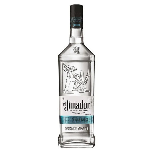 Clear glass bottle of tequila blanco with blue and silver label, featuring agave illustration.