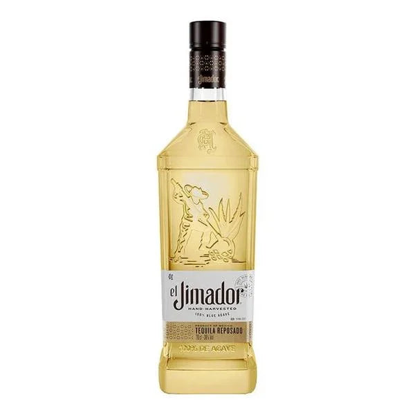El Jimador Reposado tequila bottle with gold liquid and embossed agave design