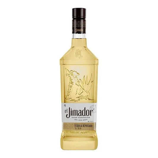 El Jimador Reposado tequila bottle with gold liquid and embossed agave design