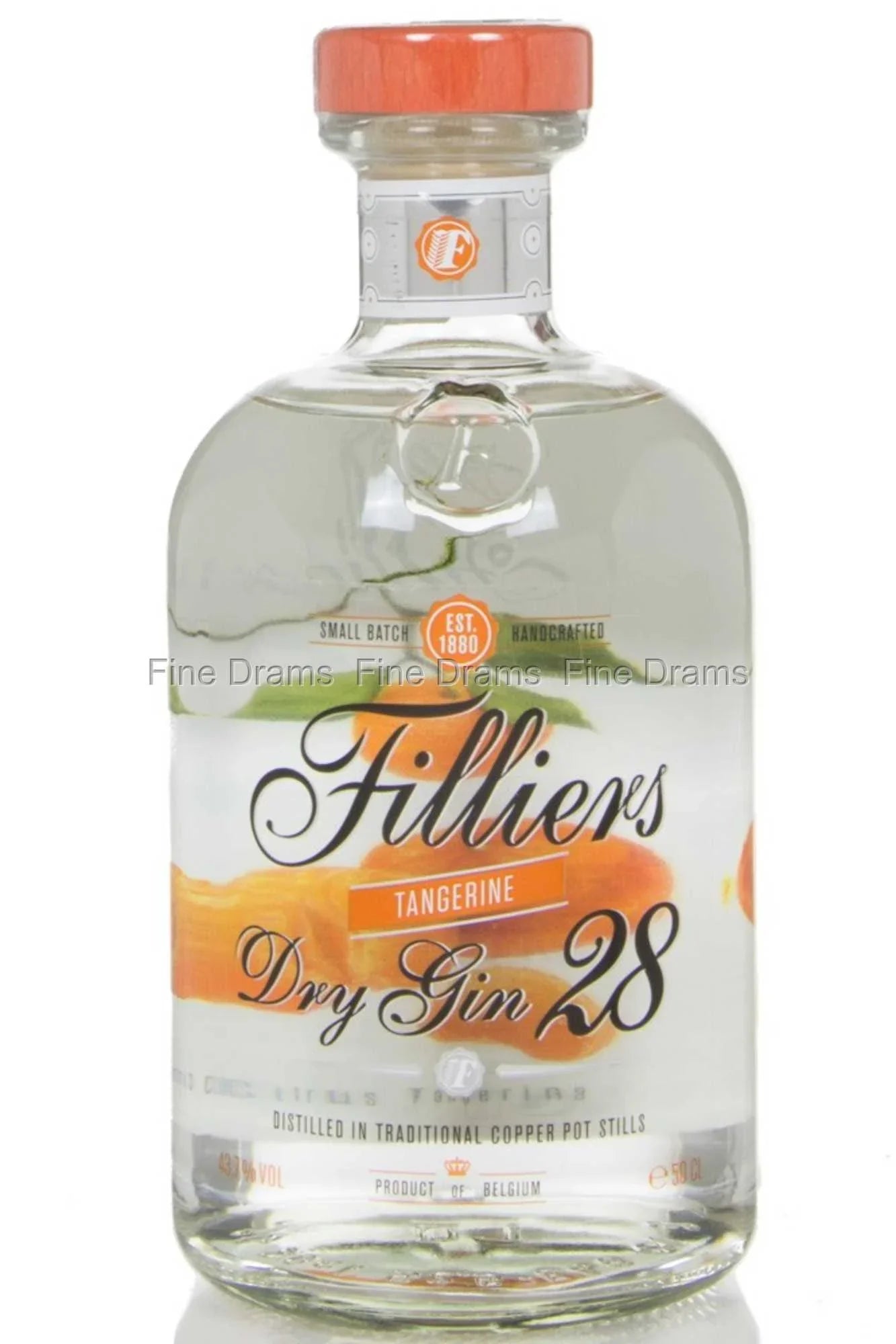 Filliers Dry Gin 28 Tangerine bottle with orange cap and fruit illustration