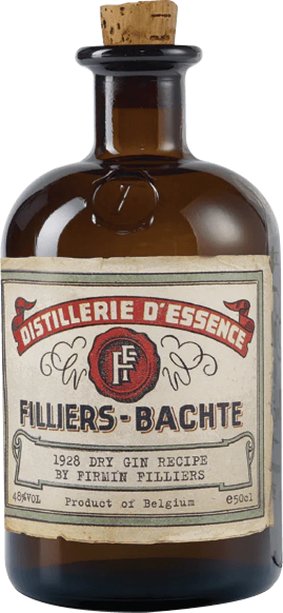 Brown glass bottle of Filliers-Bachte 1928 dry gin with vintage label and cork stopper