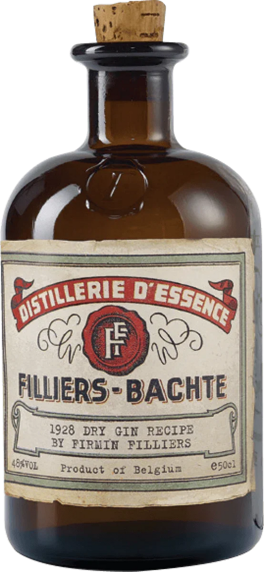 Brown glass bottle of Filliers-Bachte 1928 dry gin with vintage label and cork stopper