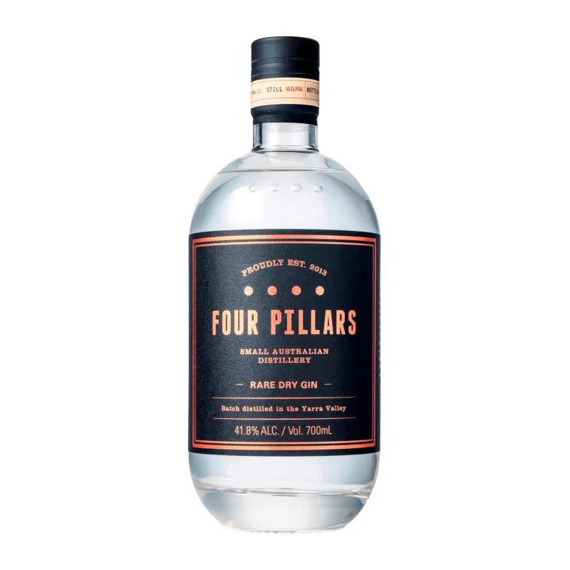 Four Pillars Rare Dry Gin 700ml bottle with black and copper label, spirits product