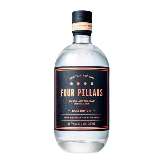 Four Pillars Rare Dry Gin 700ml bottle with black and copper label, spirits product