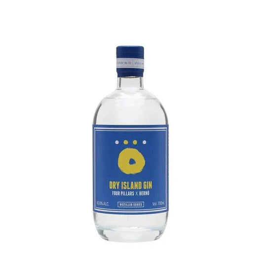 Dry Island Gin bottle with blue label and gold accents, spirits, 700ml