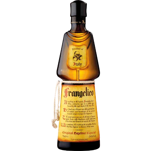 Frangelico hazelnut liqueur bottle with distinctive monk-shaped design and Italian label