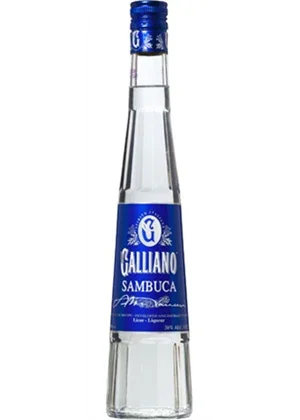 Galliano Sambuca white liqueur bottle with blue label on white background