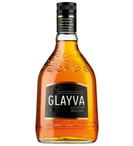 Glayva liqueur bottle with honey, spice, citrus flavors, on plain background