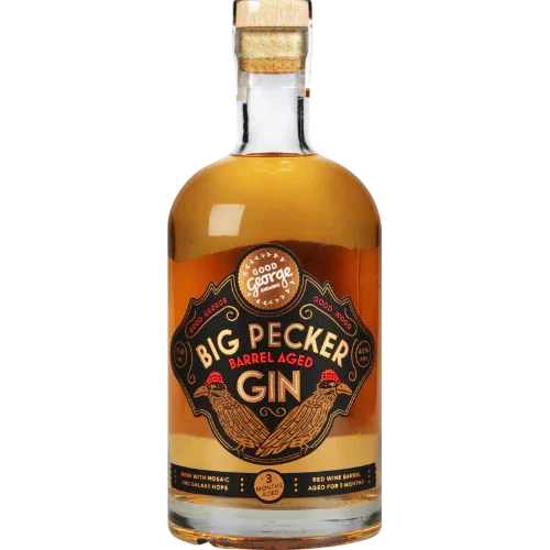 Barrel aged gin bottle with wooden cork, dark label, and gold details on clear glass