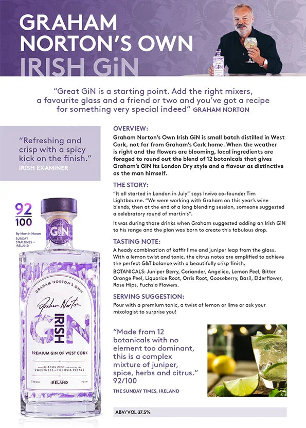 Graham Norton's Irish gin bottle with purple accents and tasting notes, 37.5% ABV, premium spirits.