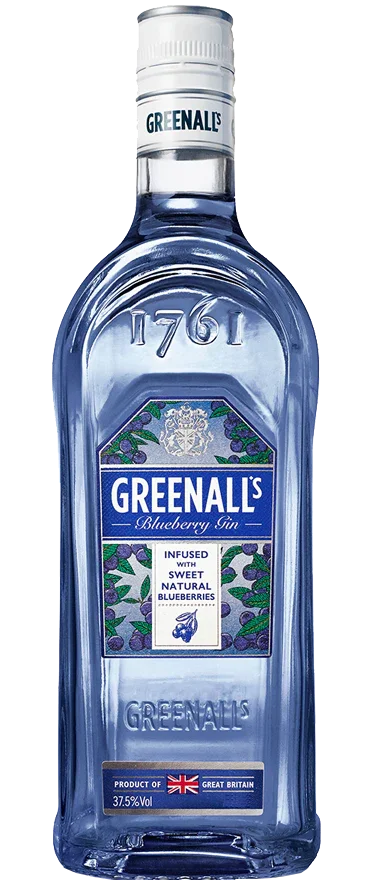 Greenall's Blueberry Gin bottle with blue label and blueberry illustrations, 37.5% ABV