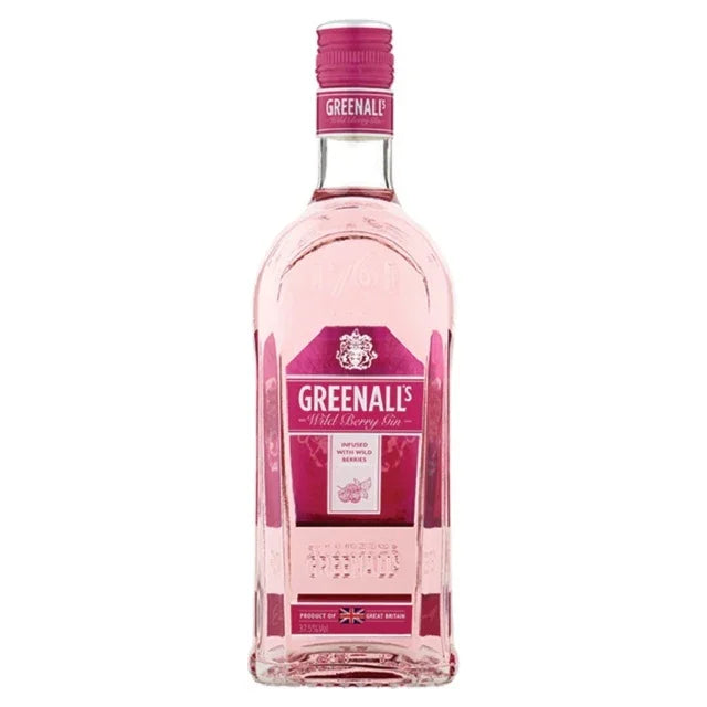 Greenall's Wild Berry Gin bottle with pink label and clear pink liquid, spirits product