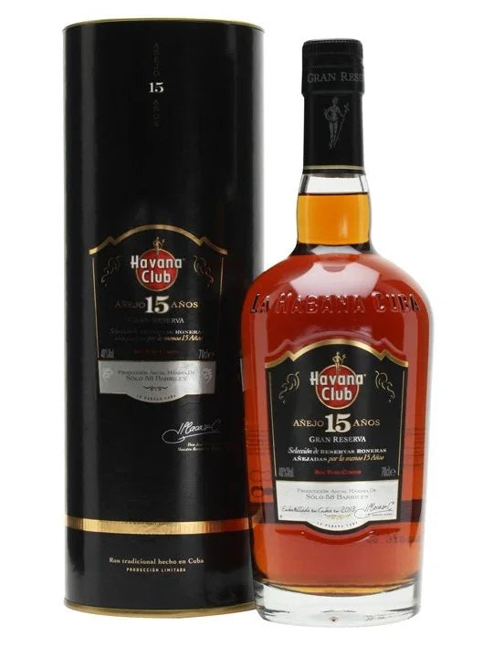Havana Club 15 year old rum bottle with matching black and gold gift tube packaging