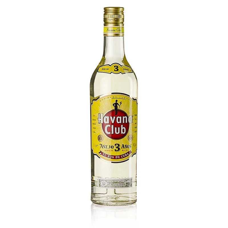 Havana Club 3 Year Old white rum bottle with yellow and red label on white background
