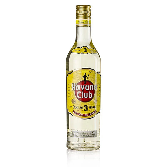 Havana Club 3 Year Old white rum bottle with yellow and red label on white background