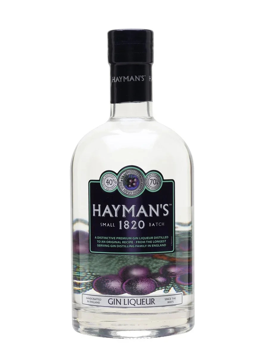 Clear glass bottle of Hayman's Small 1820 Batch gin liqueur with purple label and botanicals illustration