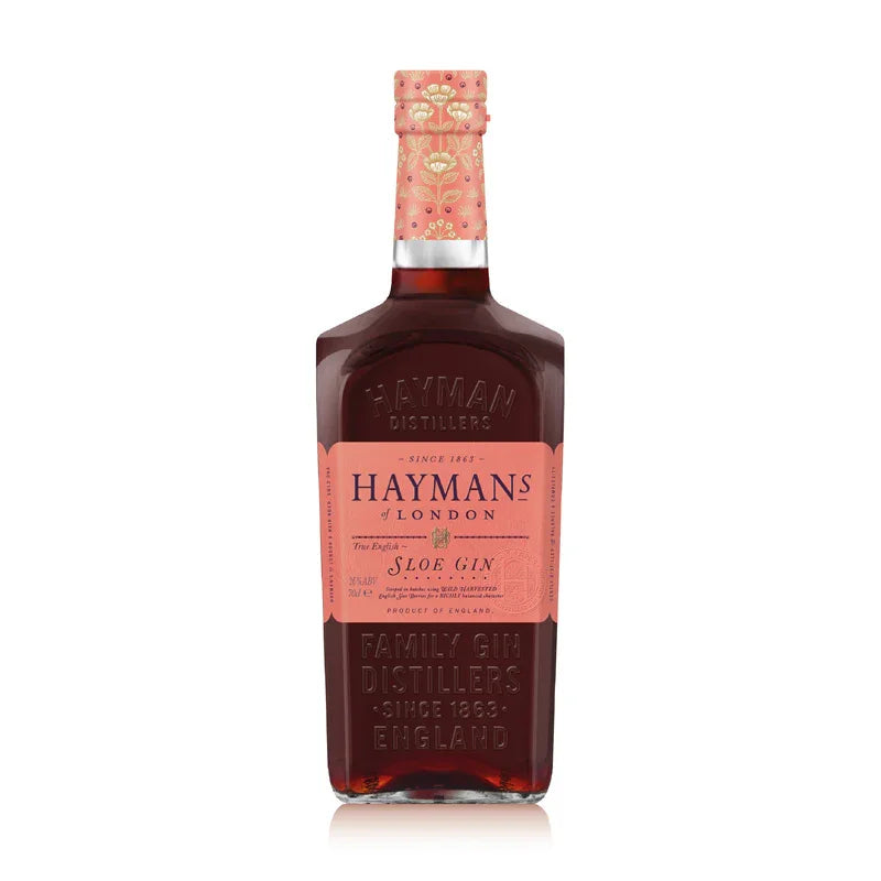 Haymans Sloe Gin bottle with pink label and decorative cap on white background