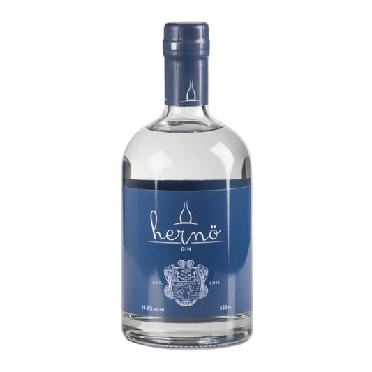 Herno gin bottle with blue label and cork cap, 500ml, premium spirits product