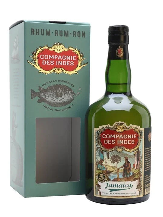 Compagnie des Indes Jamaica 5 year rum bottle with box, vintage label, green glass