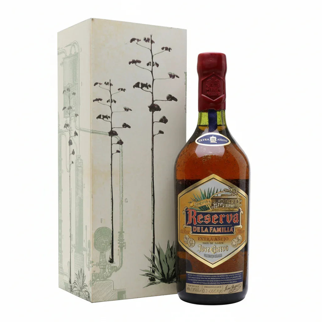 Reserva de la Familia Extra Anejo tequila bottle with decorative box
