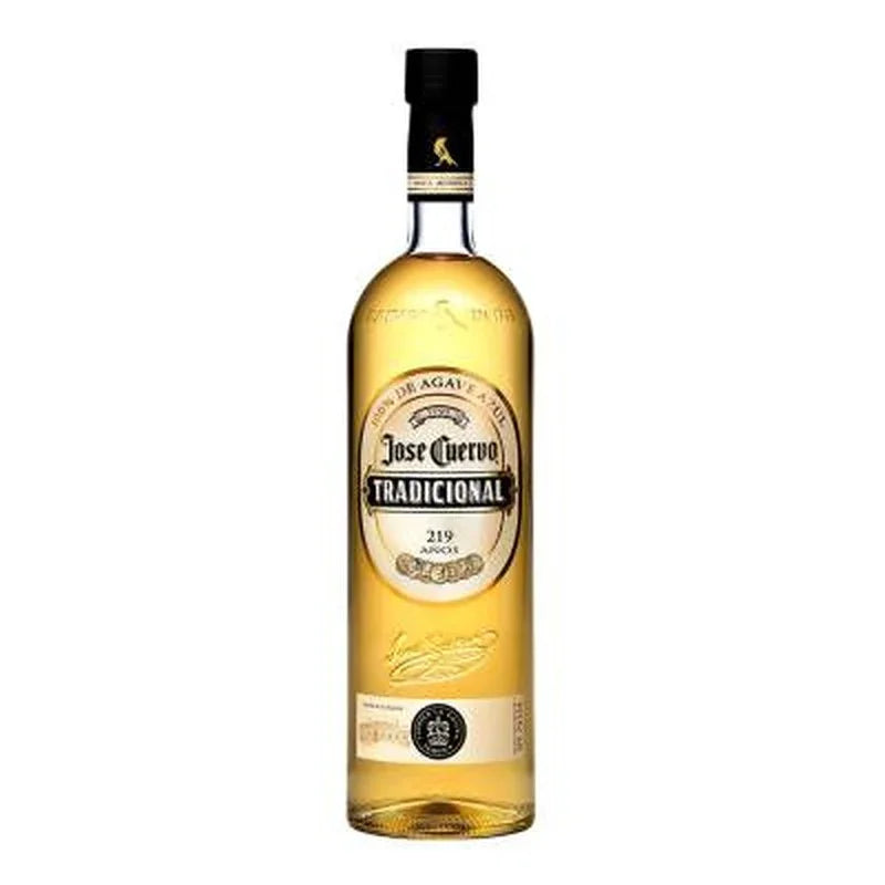Jose Cuervo Tradicional Reposado tequila bottle with gold label on white background