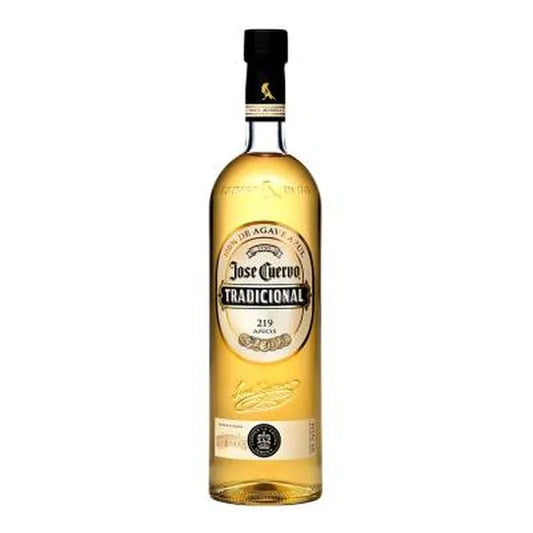 Jose Cuervo Tradicional Reposado tequila bottle with gold label on white background