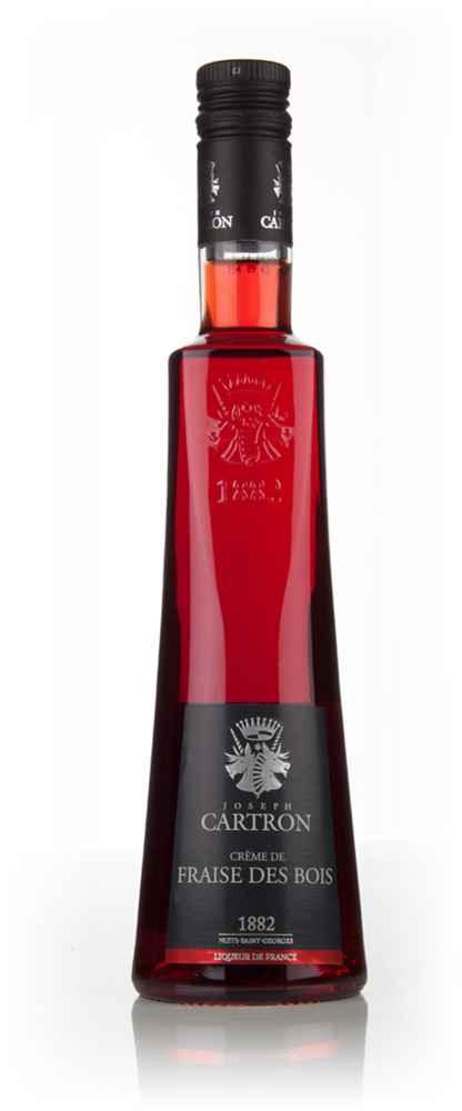 Tall bottle of Crème de Fraise des Bois strawberry liqueur with black and silver label