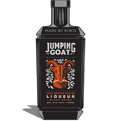 Jumping Goat coffee liqueur black batch bottle with goat illustration, 700ml