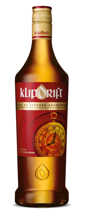 Klipdrift Export brandy bottle with gold label and clock illustration, South African spirit