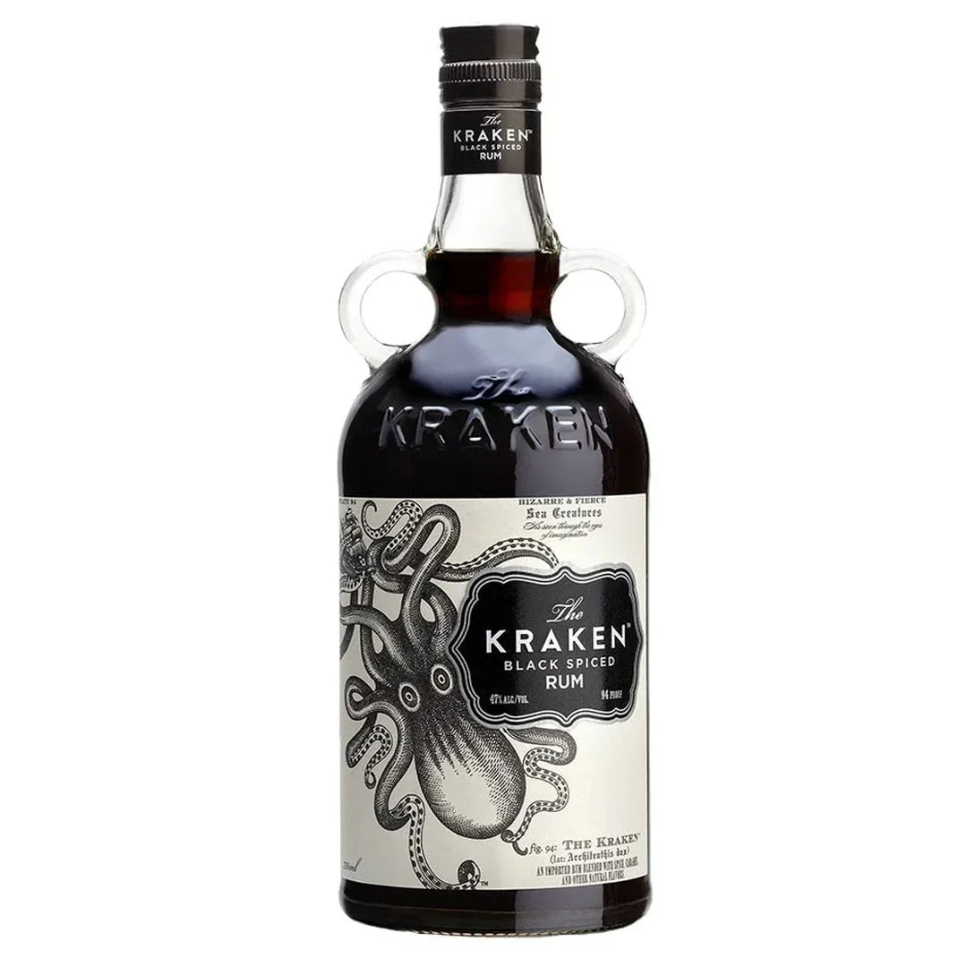 Kraken Black Spiced Rum bottle with distinctive octopus label and dark liqueur
