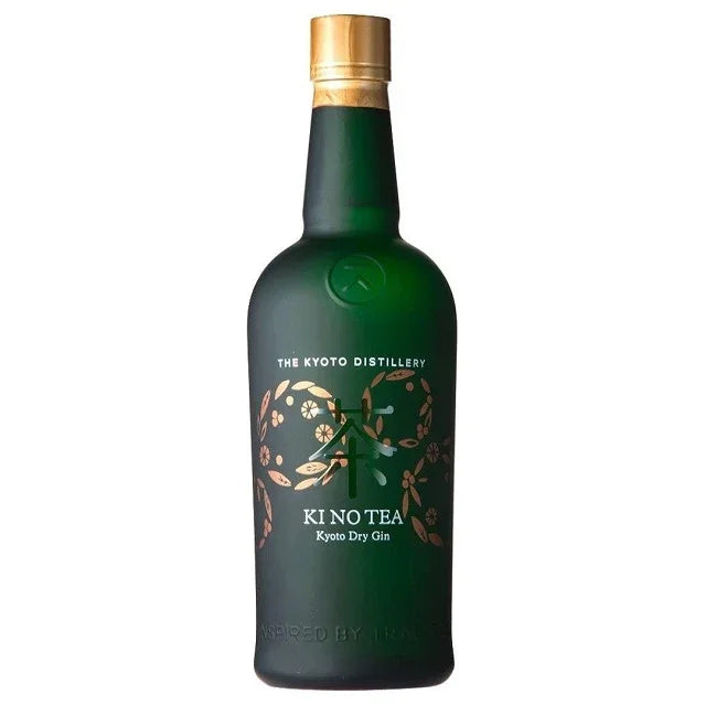 Kyoto Distillery KI NO TEA dry gin bottle with gold leaf design on green glass
