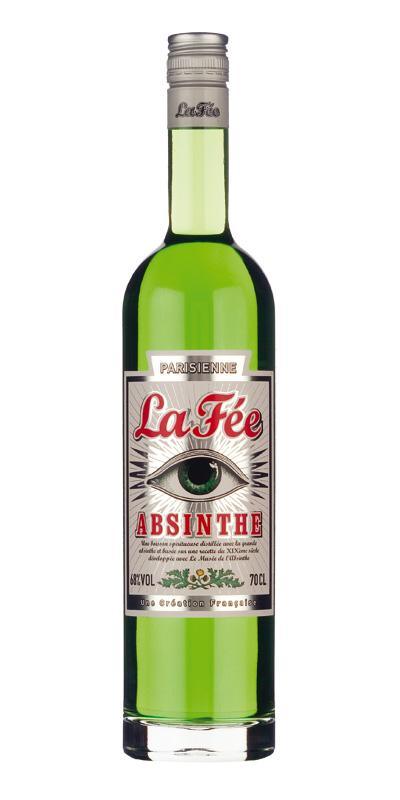 Green absinthe spirit bottle with silver cap and detailed La Fée label, 68% ABV, 70cl.