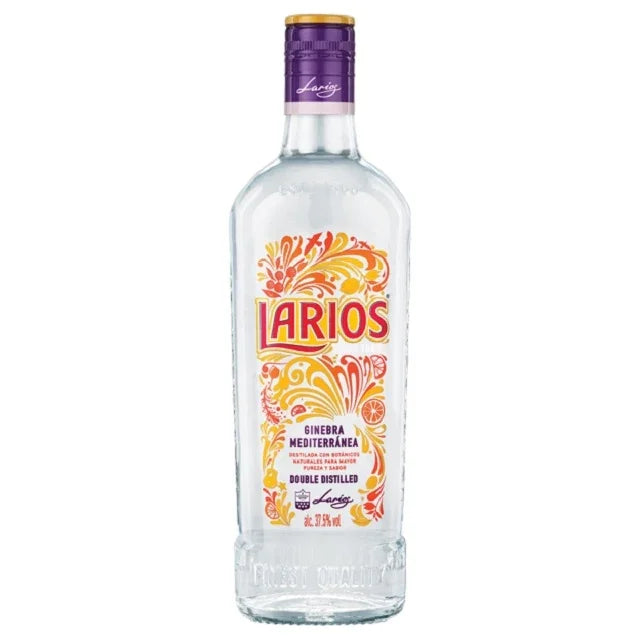Clear bottle of Larios Mediterranean gin with colorful label and purple cap on white background