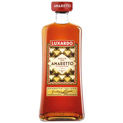 Luxardo Amaretto liqueur bottle with geometric label and amber liquid, spirits product